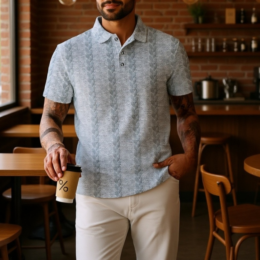 Polo de hombre sencillo y de color sólido con botones y tejido jacquard