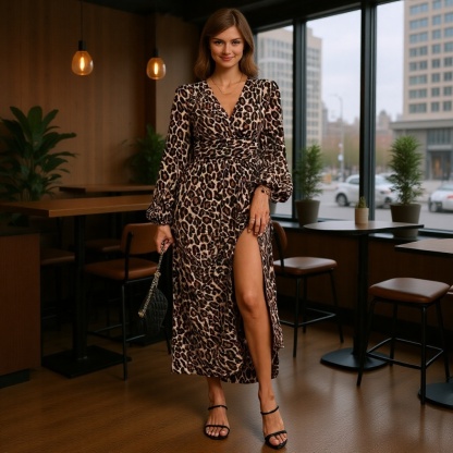 Vestido elegante de mujer con escote en V y abertura alta