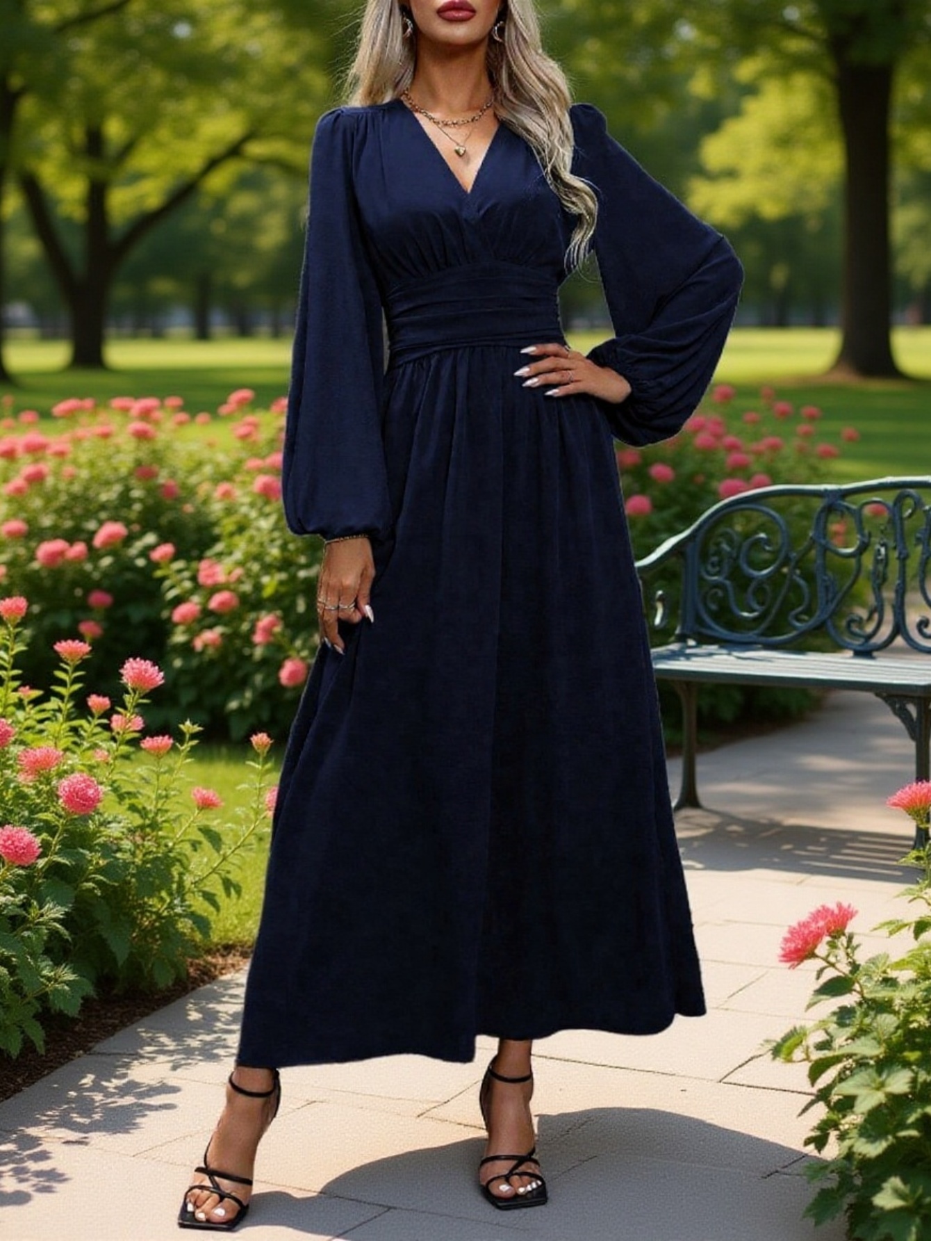 Vestido elegante de mujer con escote en V y abertura alta