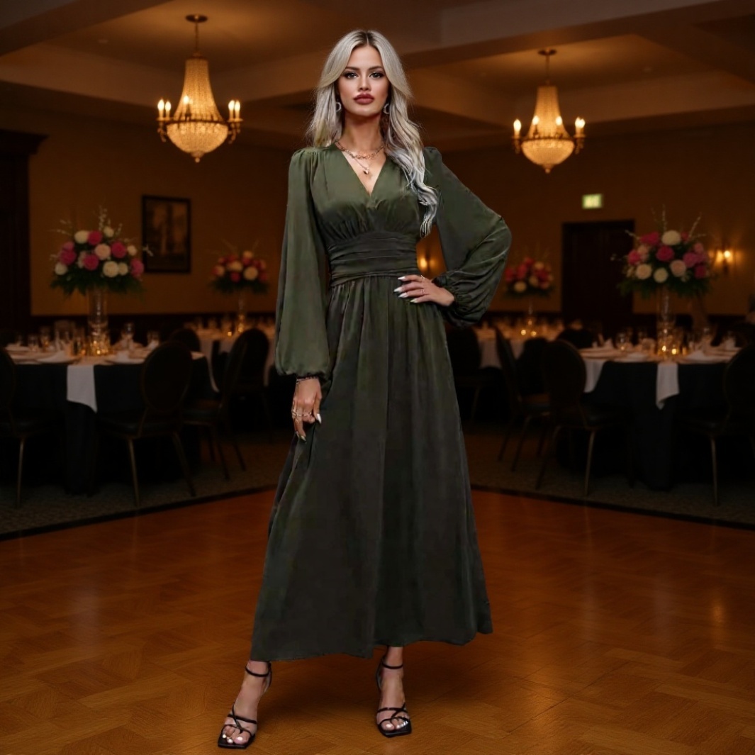 Vestido elegante de mujer con escote en V y abertura alta