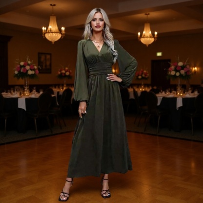 Vestido elegante de mujer con escote en V y abertura alta