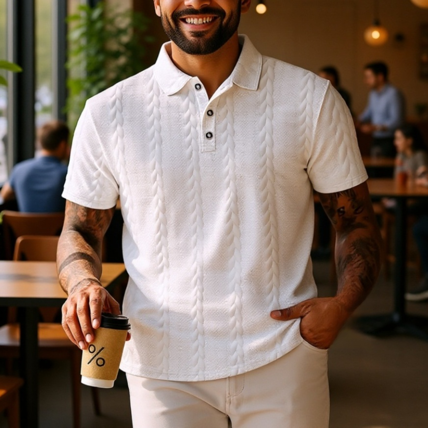 Polo de hombre sencillo y de color sólido con botones y tejido jacquard