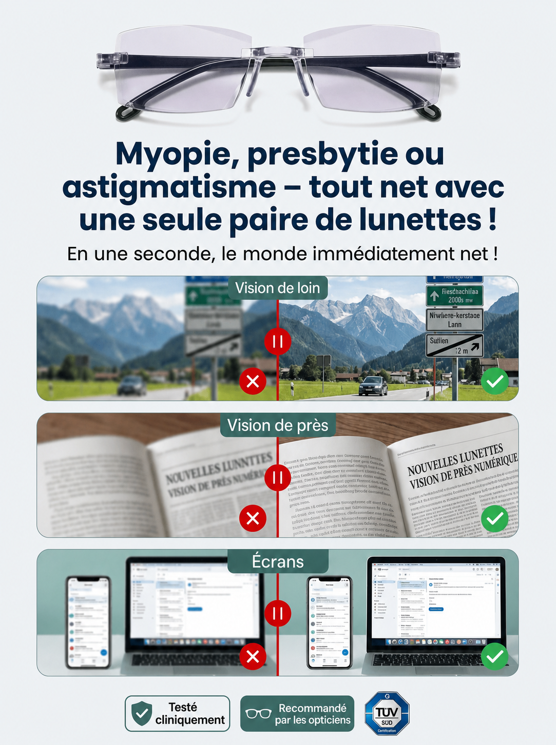 Lunettes Universelles Sans Ordonnance : Ajustement Auto 0.1s, Vision Nette de Près comme de Loin
