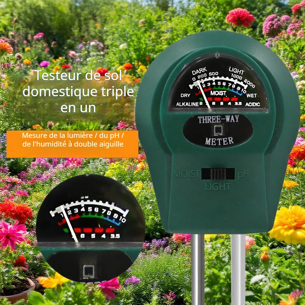 Testeur de sol 3 en 1 : lumière, humidité et pH pour le jardinage