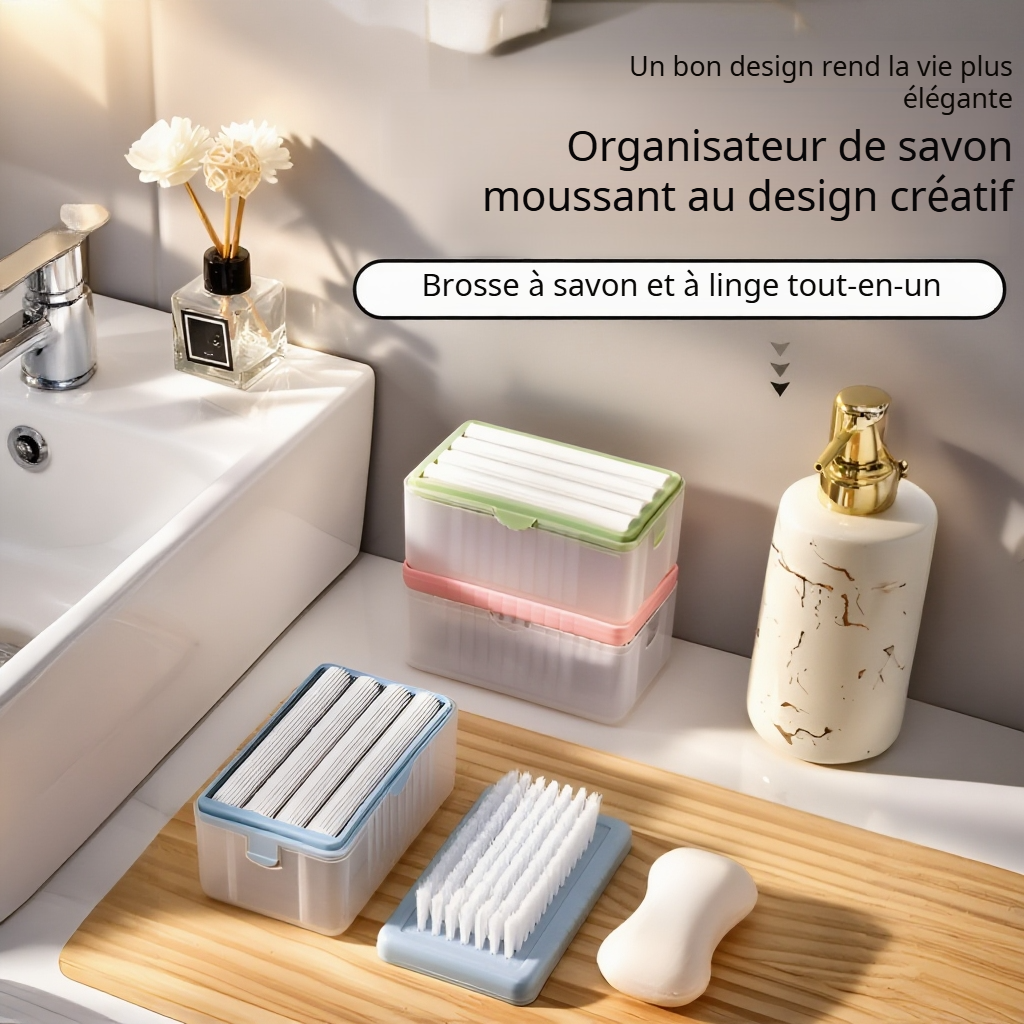 Boîte à mousse pour savon de lessive avec rouleau et brosse remplaçable