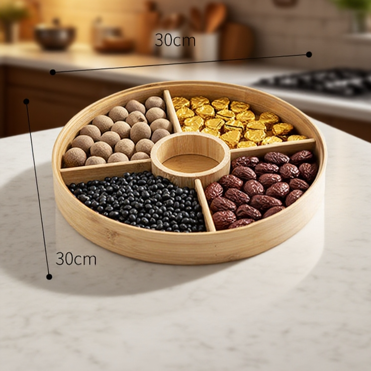 Plateau de service en bambou et acrylique, forme ronde et carrée, pour fruits secs et snacks