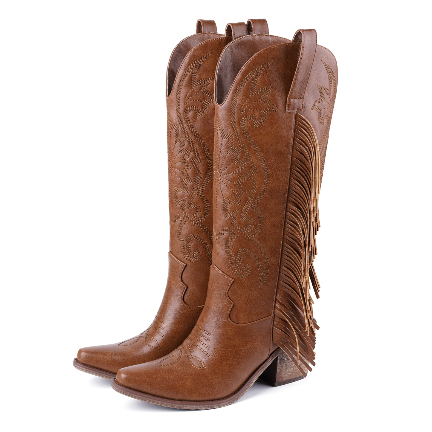Women's Cowgirl Boots Knee High Fringe Boots Classic Embroidery Pointed Toe Pull on Retro Boots