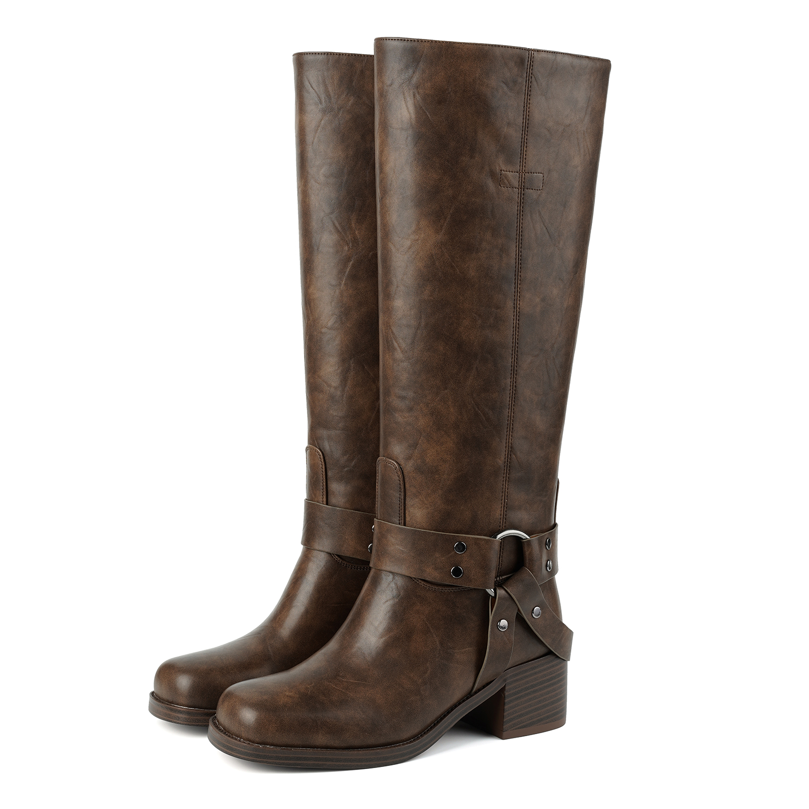 Women's Chunky Heel Knee High Boots with Buckles