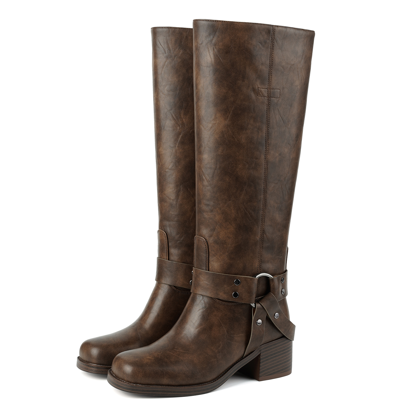 Women's Chunky Heel Knee High Boots with Buckles