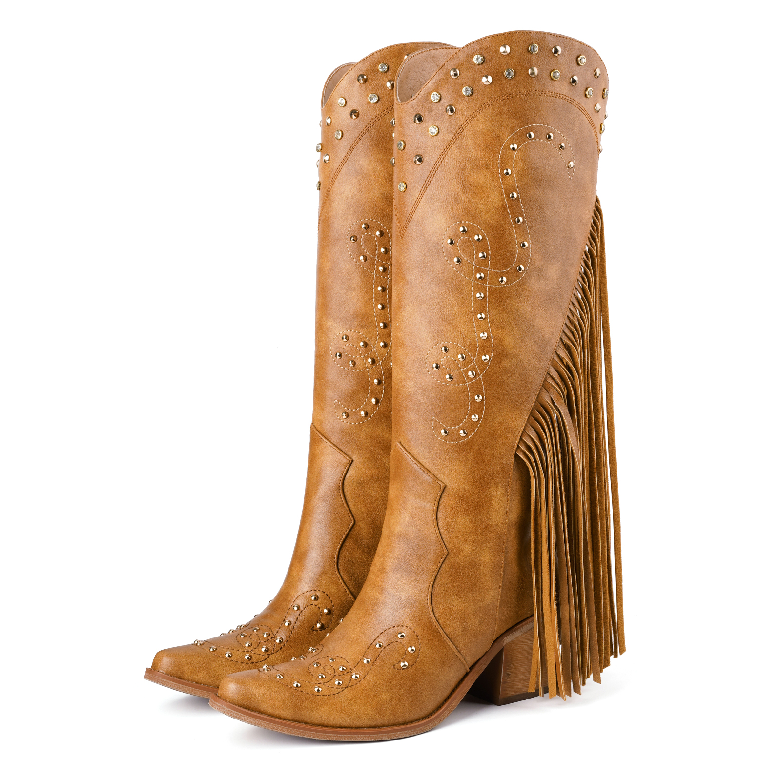 Women's Cowgirl Boots Knee High Fringe Boots Studs
