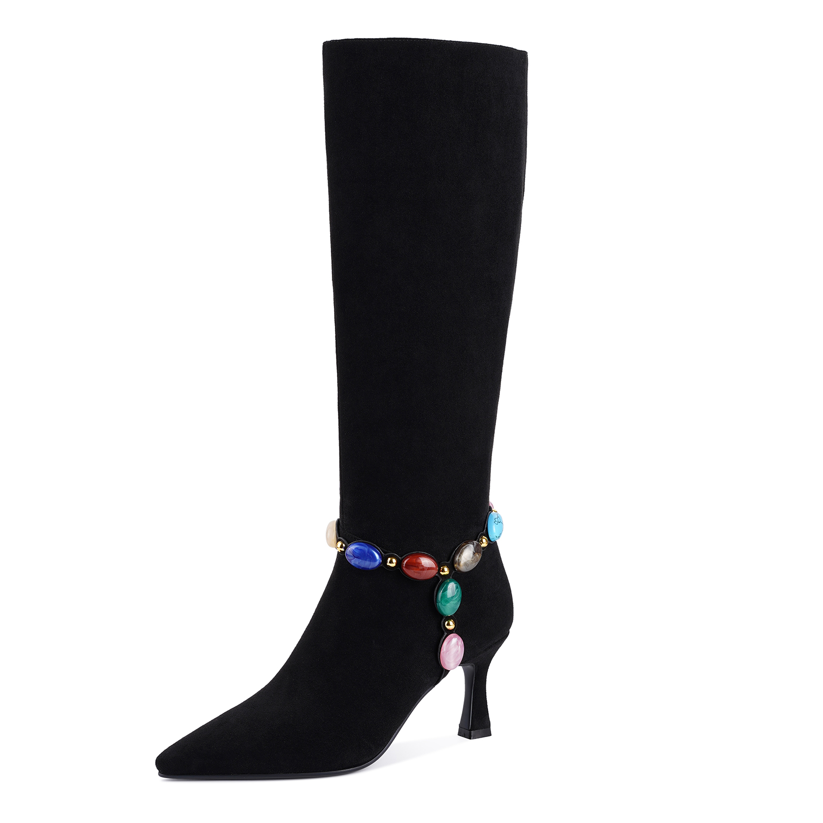 Women's Jeweled Knee High Boots Pointed Toe Kitten Heel 