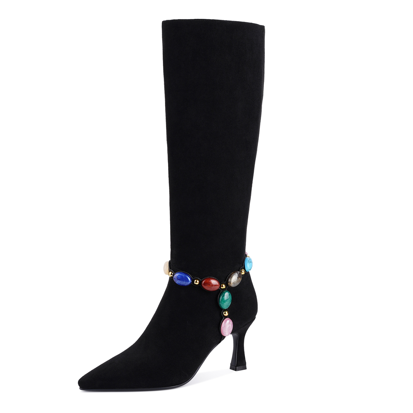 Women's Jeweled Knee High Boots Pointed Toe Kitten Heel