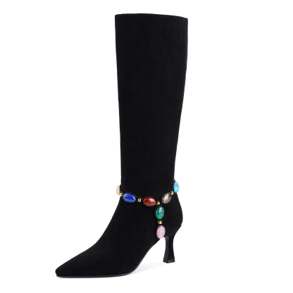 Women's Jeweled Knee High Boots Pointed Toe Kitten Heel 