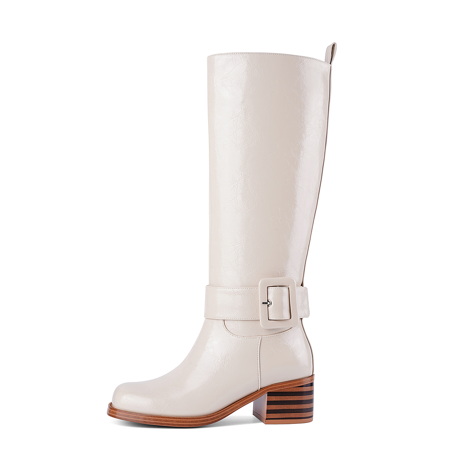 Women's Banana Knee High Boots Square Toe Chunky Low Heel Buckle Pull on Ridding Boots