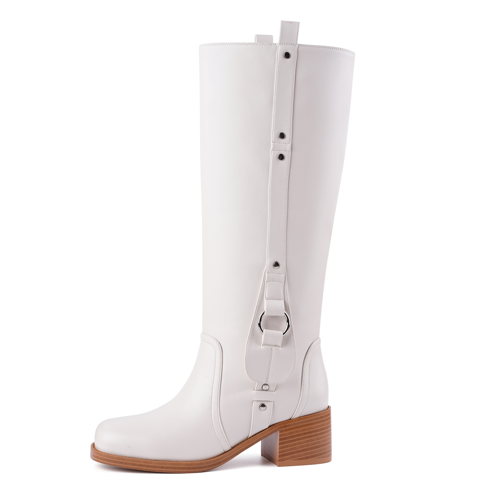 Women's Banana Knee High Boots Square Toe Chunky Low Heel Pull on Ridding Boots