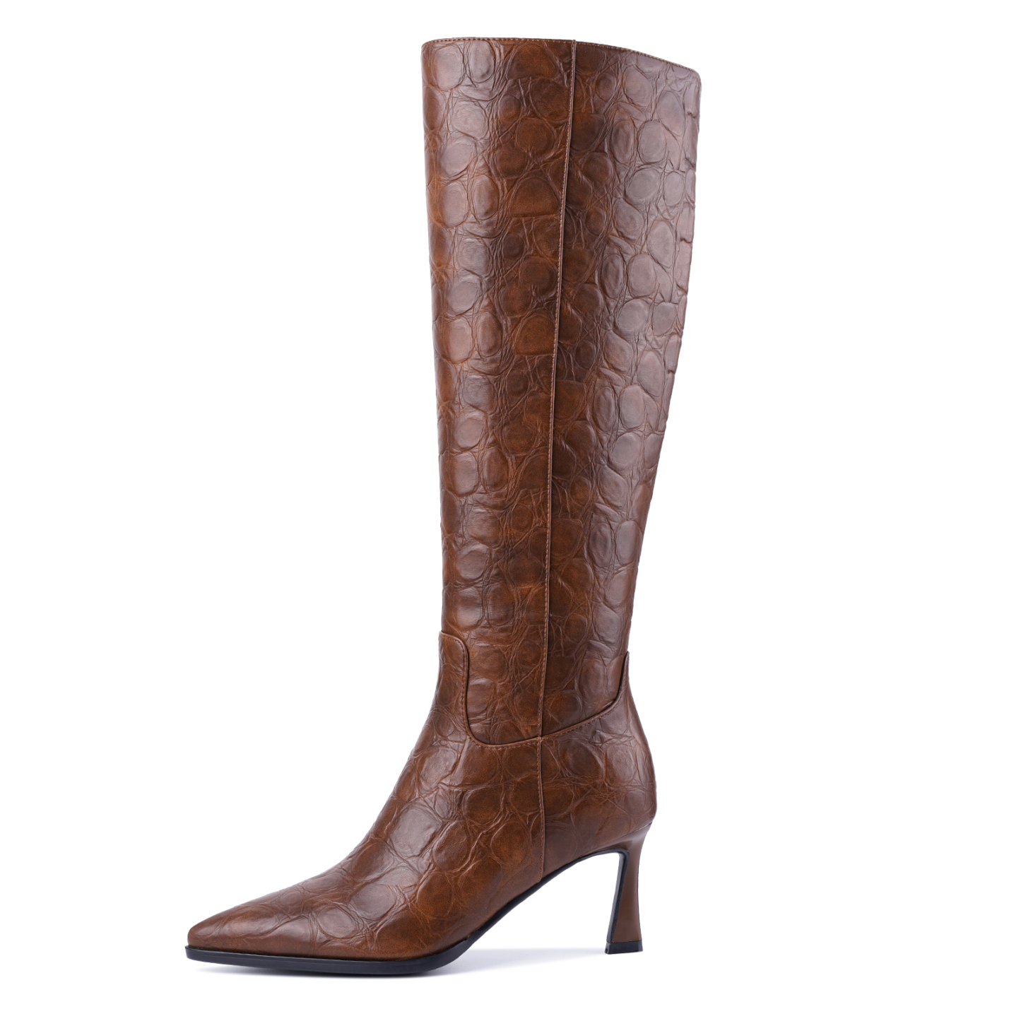 Women Kitten Heel Knee High Boots Pointed Toe Stone Pattern Tall Boots