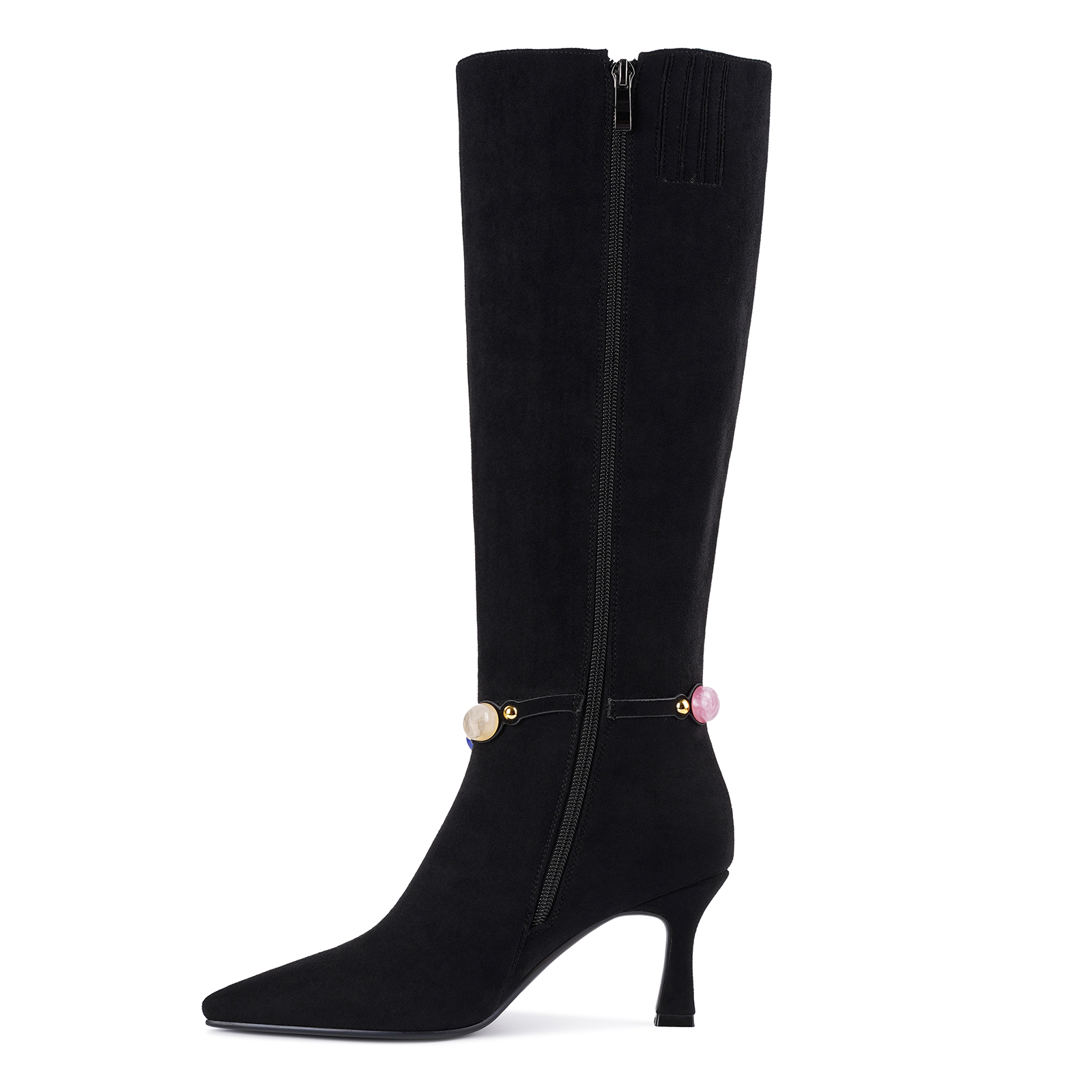 Women's Jeweled Knee High Boots Pointed Toe Kitten Heel 