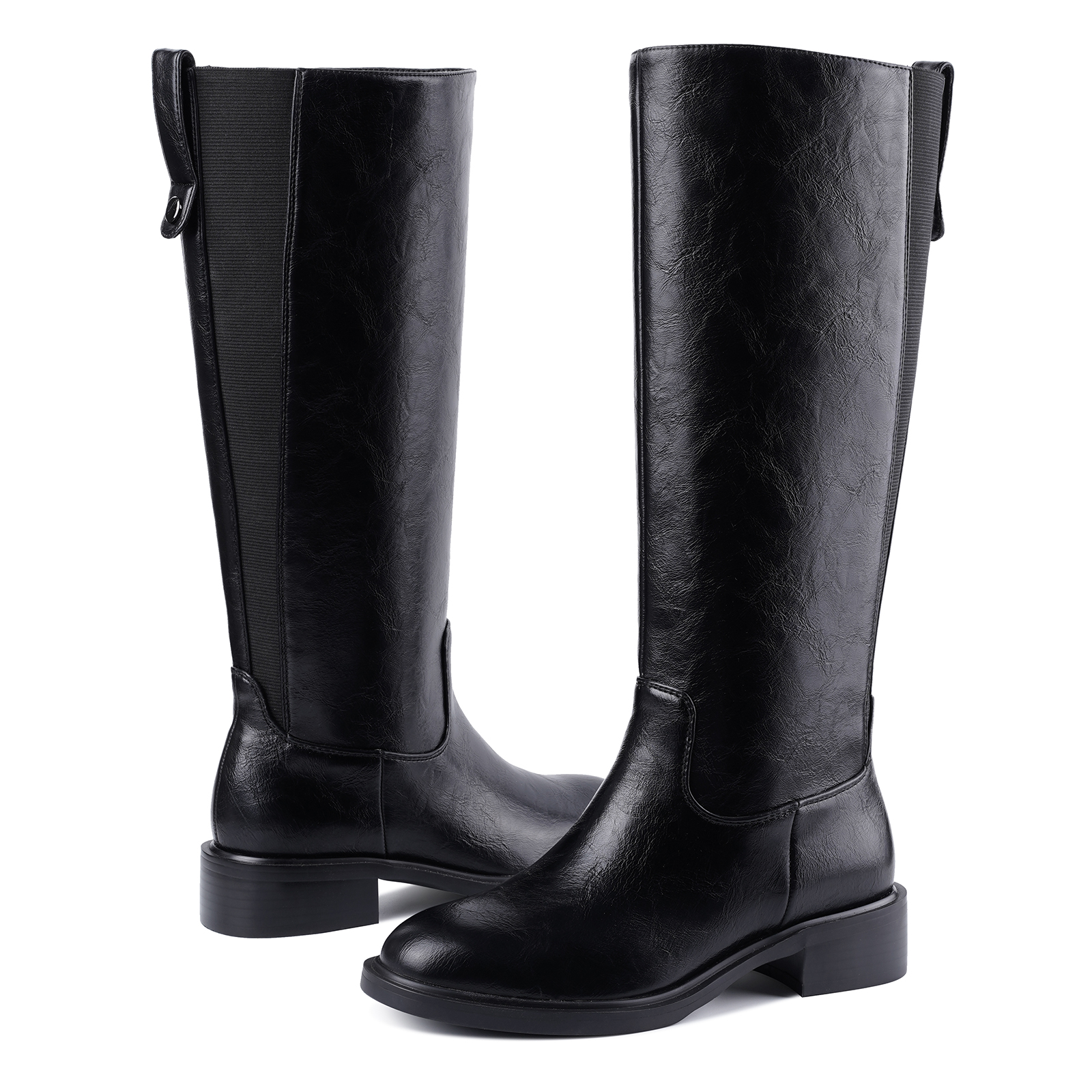 Women's Chunky Heel Knee High Boots Pull Tag Square Toe Tall Boots
