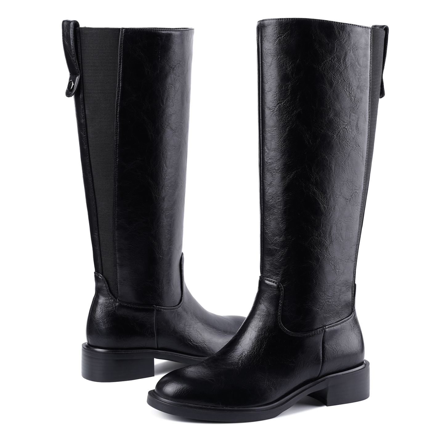 Women's Chunky Heel Knee High Boots Pull Tag Square Toe Tall Boots
