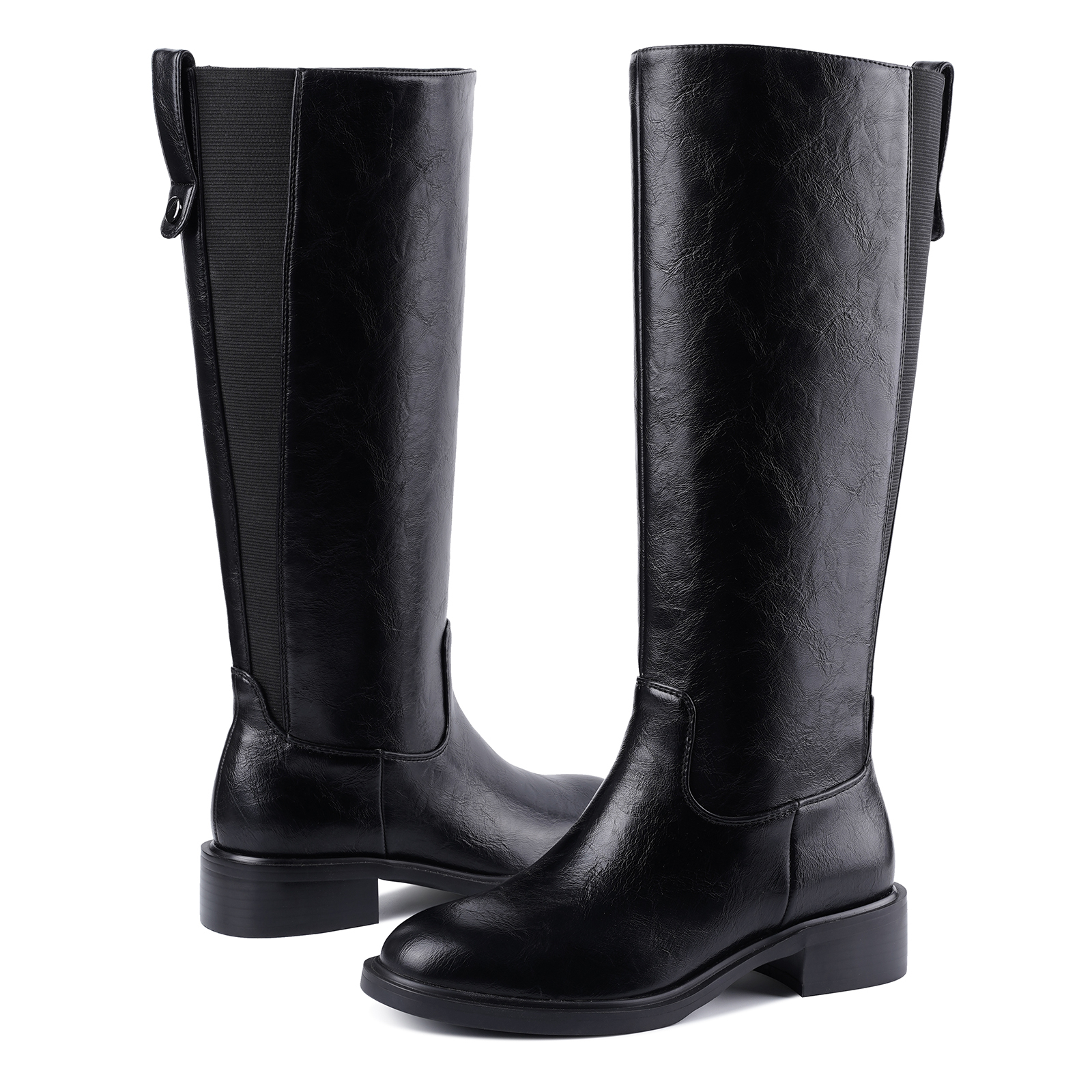 Women's Chunky Heel Knee High Boots Pull Tag Square Toe Tall Boots