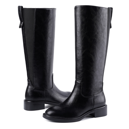 Women's Chunky Heel Knee High Boots Pull Tag Square Toe Tall Boots