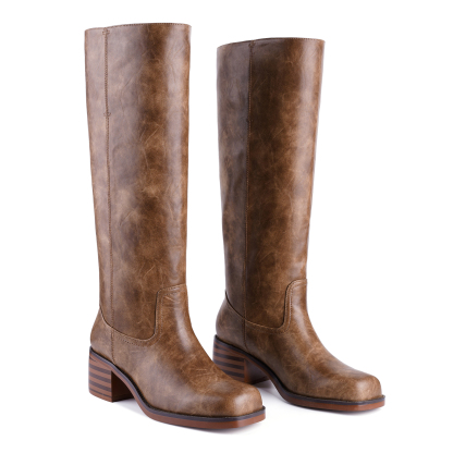 Women's Banana Knee High Boots Square Toe Chunky Low Heel Ridding Boots