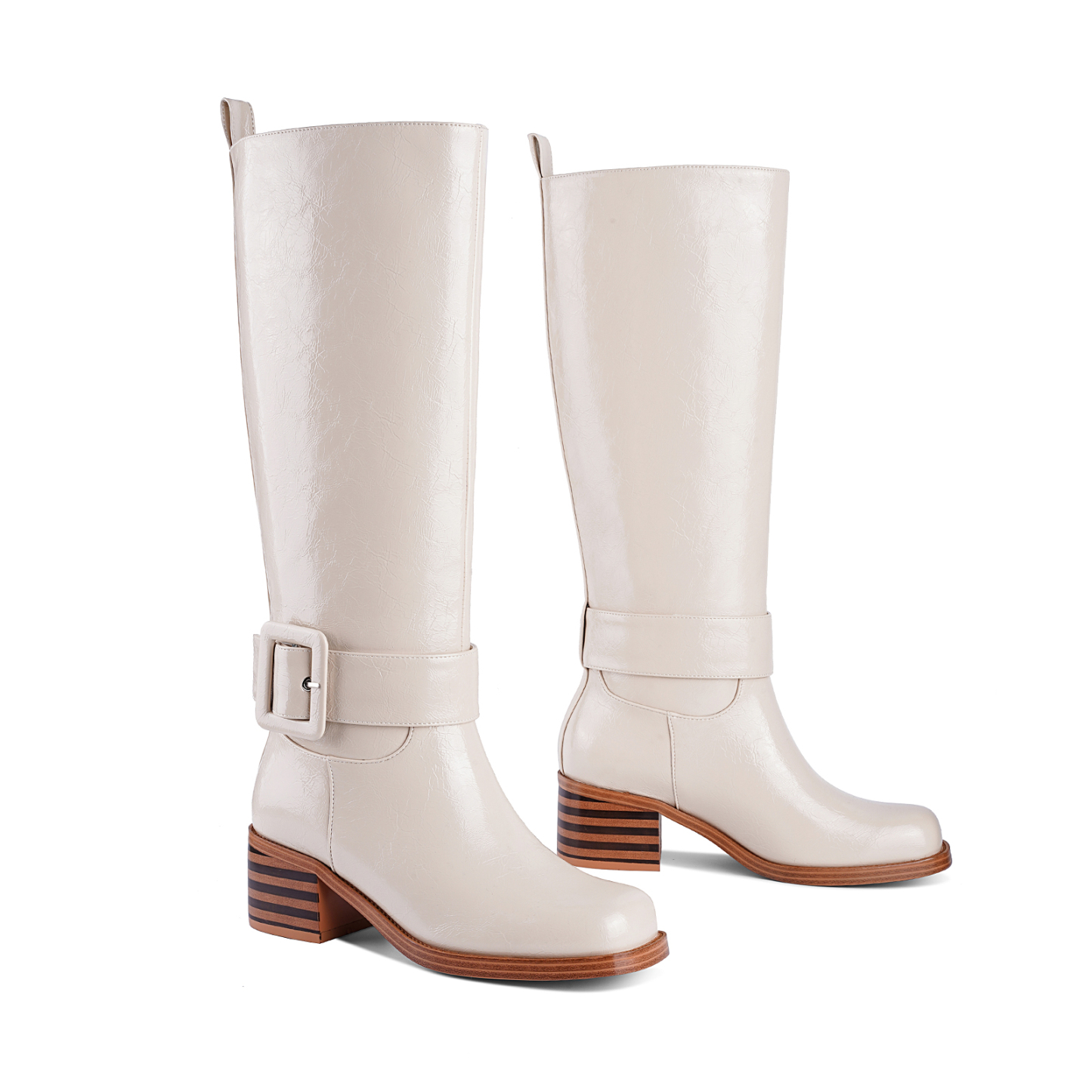 Women's Banana Knee High Boots Square Toe Chunky Low Heel Buckle Pull on Ridding Boots