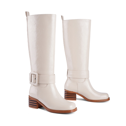 Women's Banana Knee High Boots Square Toe Chunky Low Heel Buckle Pull on Ridding Boots