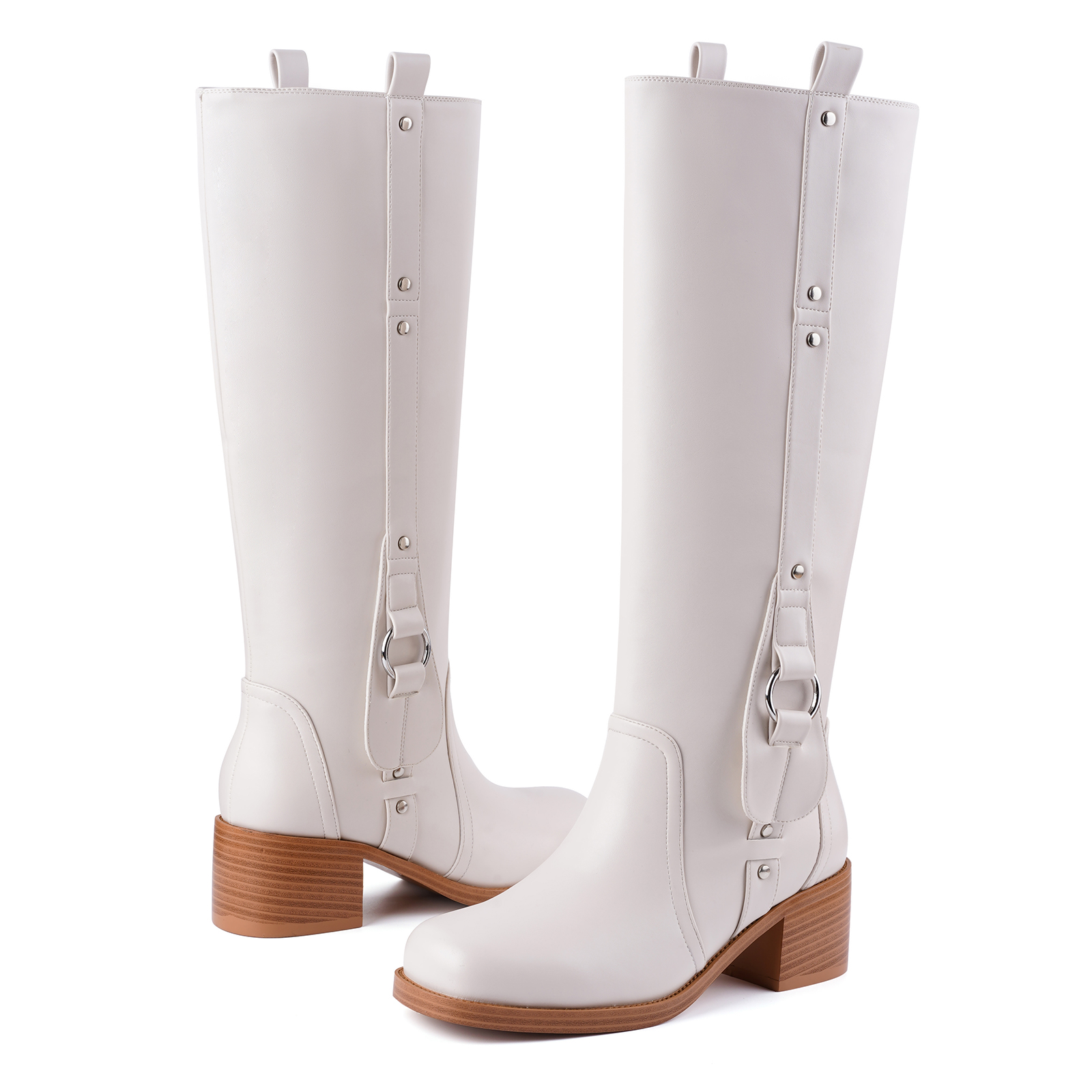 Women's Banana Knee High Boots Square Toe Chunky Low Heel Pull on Ridding Boots