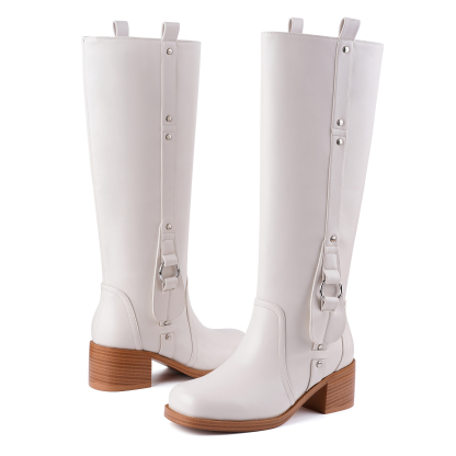 Women's Banana Knee High Boots Square Toe Chunky Low Heel Pull on Ridding Boots