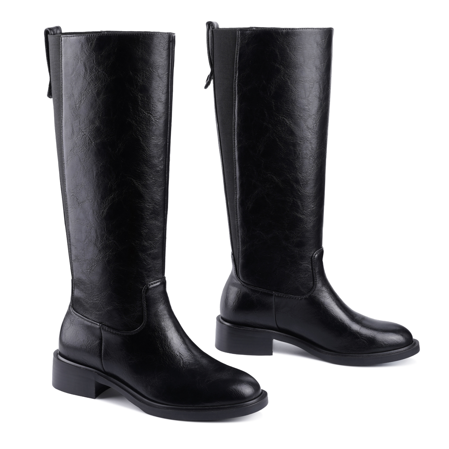 Women's Chunky Heel Knee High Boots Pull Tag Square Toe Tall Boots