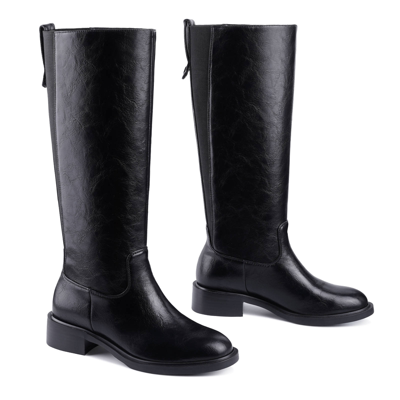Women's Chunky Heel Knee High Boots Pull Tag Square Toe Tall Boots