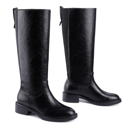 Women's Chunky Heel Knee High Boots Pull Tag Square Toe Tall Boots