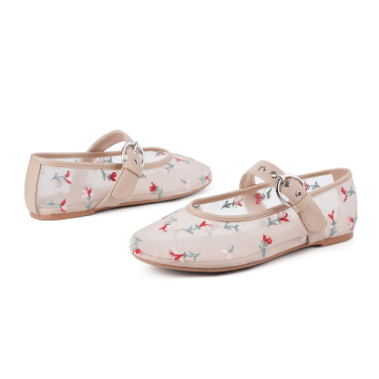 Mesh Ballet Flats for Women Embroidered Floral Round Toe Mary Jane Flats