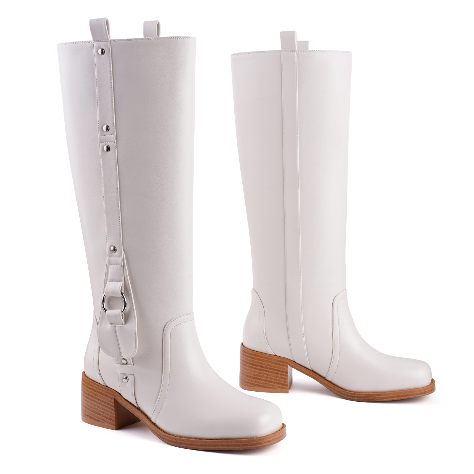 Women's Banana Knee High Boots Square Toe Chunky Low Heel Pull on Ridding Boots