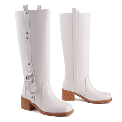 Women's Banana Knee High Boots Square Toe Chunky Low Heel Pull on Ridding Boots