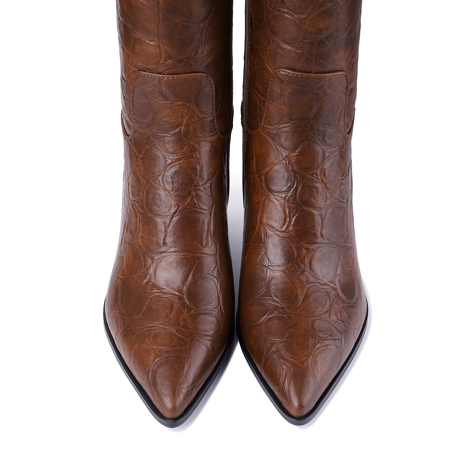 Women Kitten Heel Knee High Boots Pointed Toe Stone Pattern Tall Boots