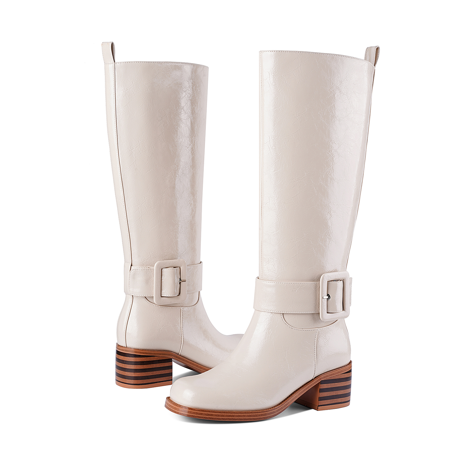 Women's Banana Knee High Boots Square Toe Chunky Low Heel Buckle Pull on Ridding Boots