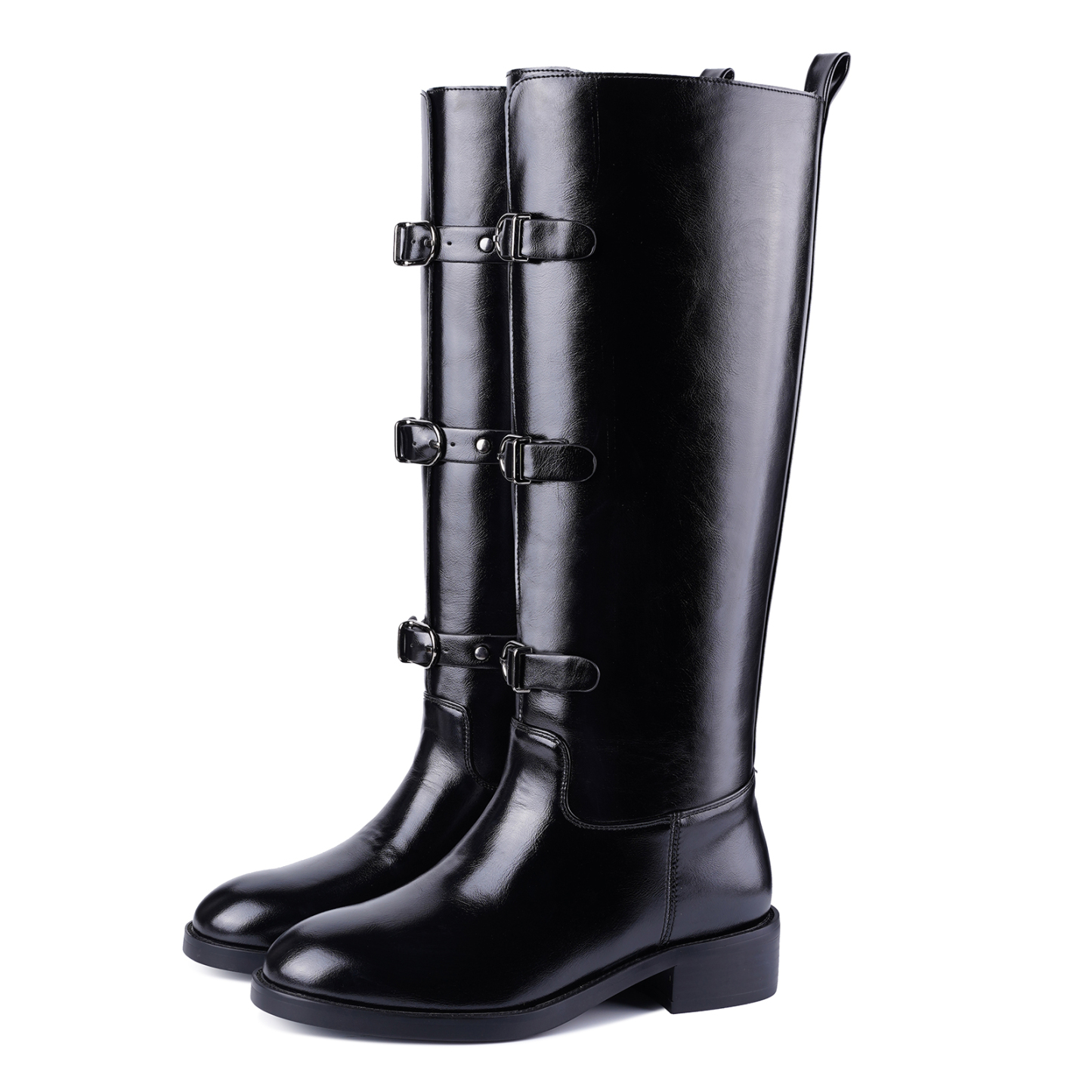 Women's Chunky Heel Knee High Boots with Buckle Strap