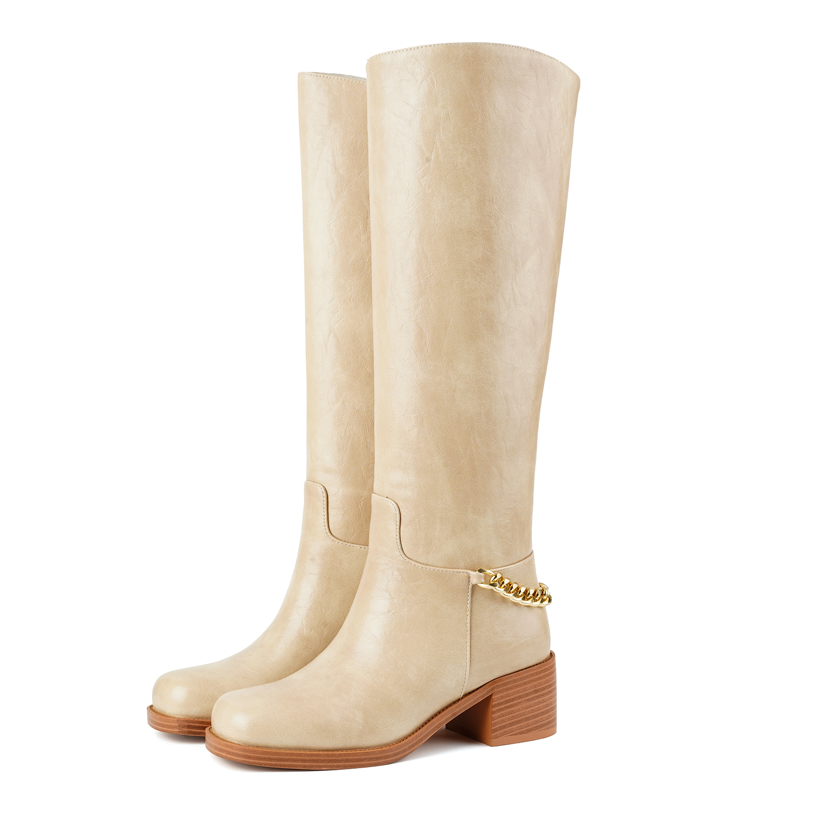 Women's Chunky Heel Knee High Boots with Gold Chain