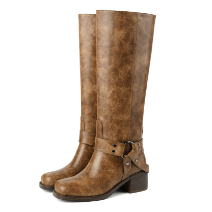 Women's Chunky Heel Knee High Boots with Buckles