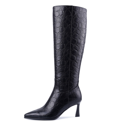 Women Kitten Heel Knee High Boots Pointed Toe Stone Pattern Tall Boots