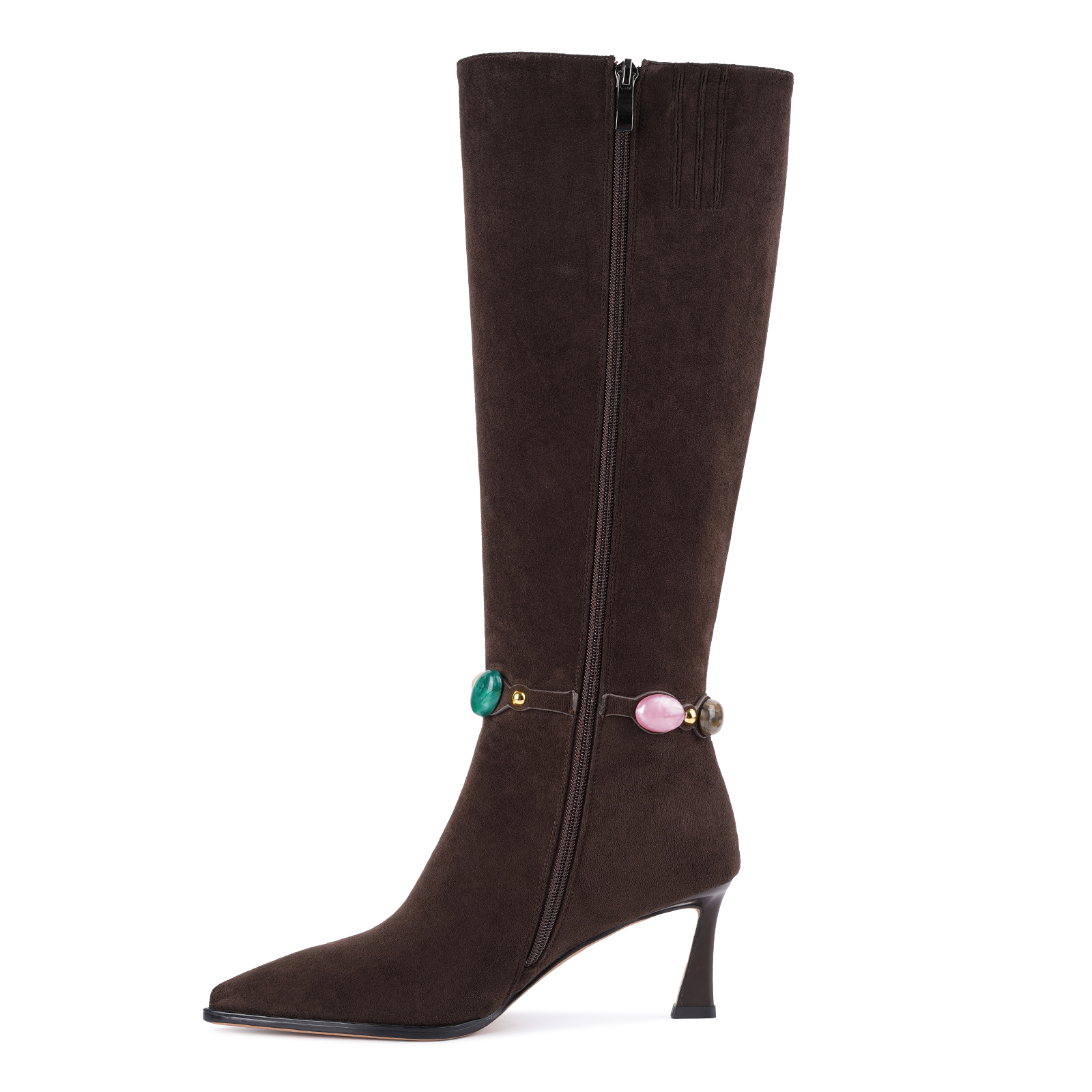 Women's Jeweled Knee High Boots Pointed Toe Kitten Heel 