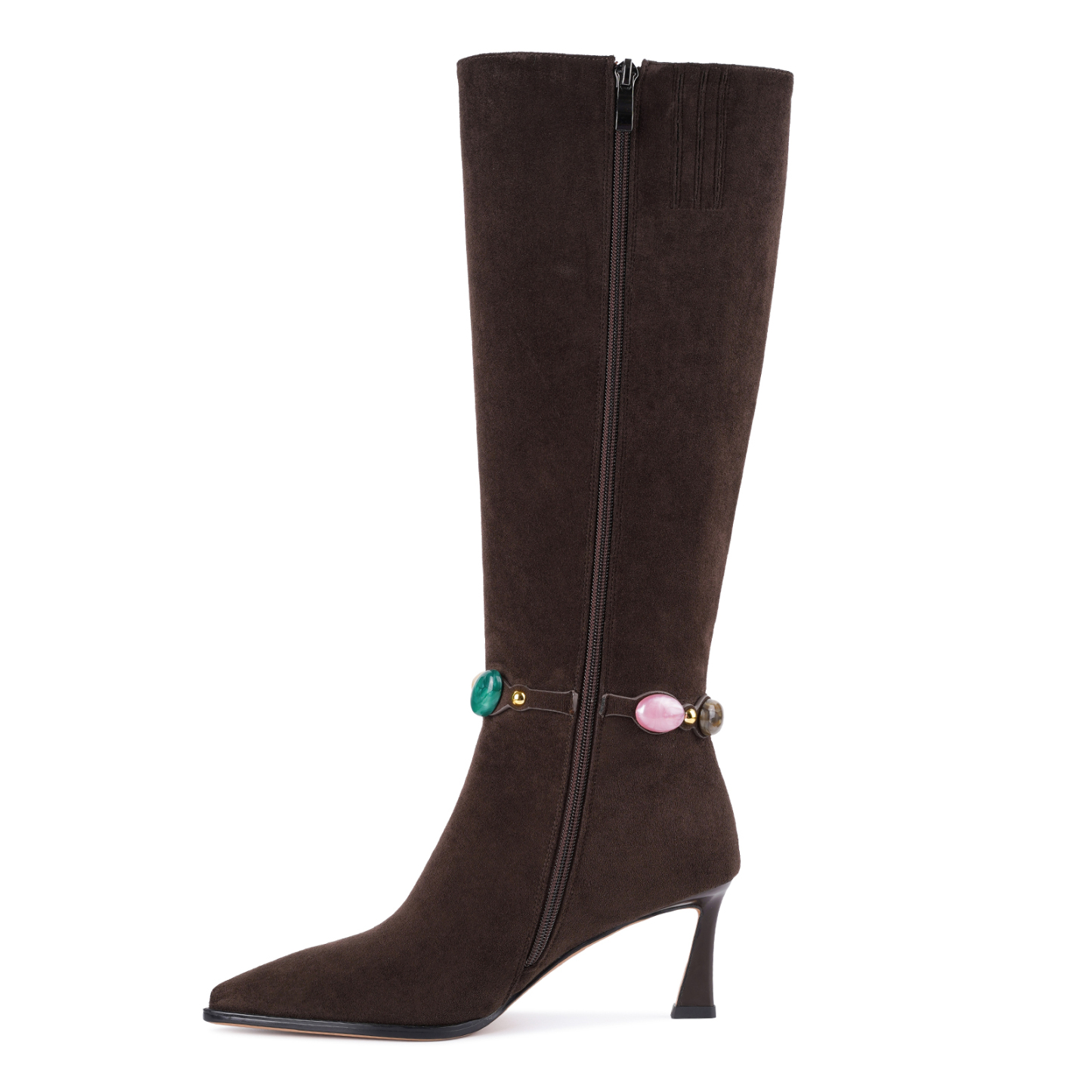 Women's Jeweled Knee High Boots Pointed Toe Kitten Heel 