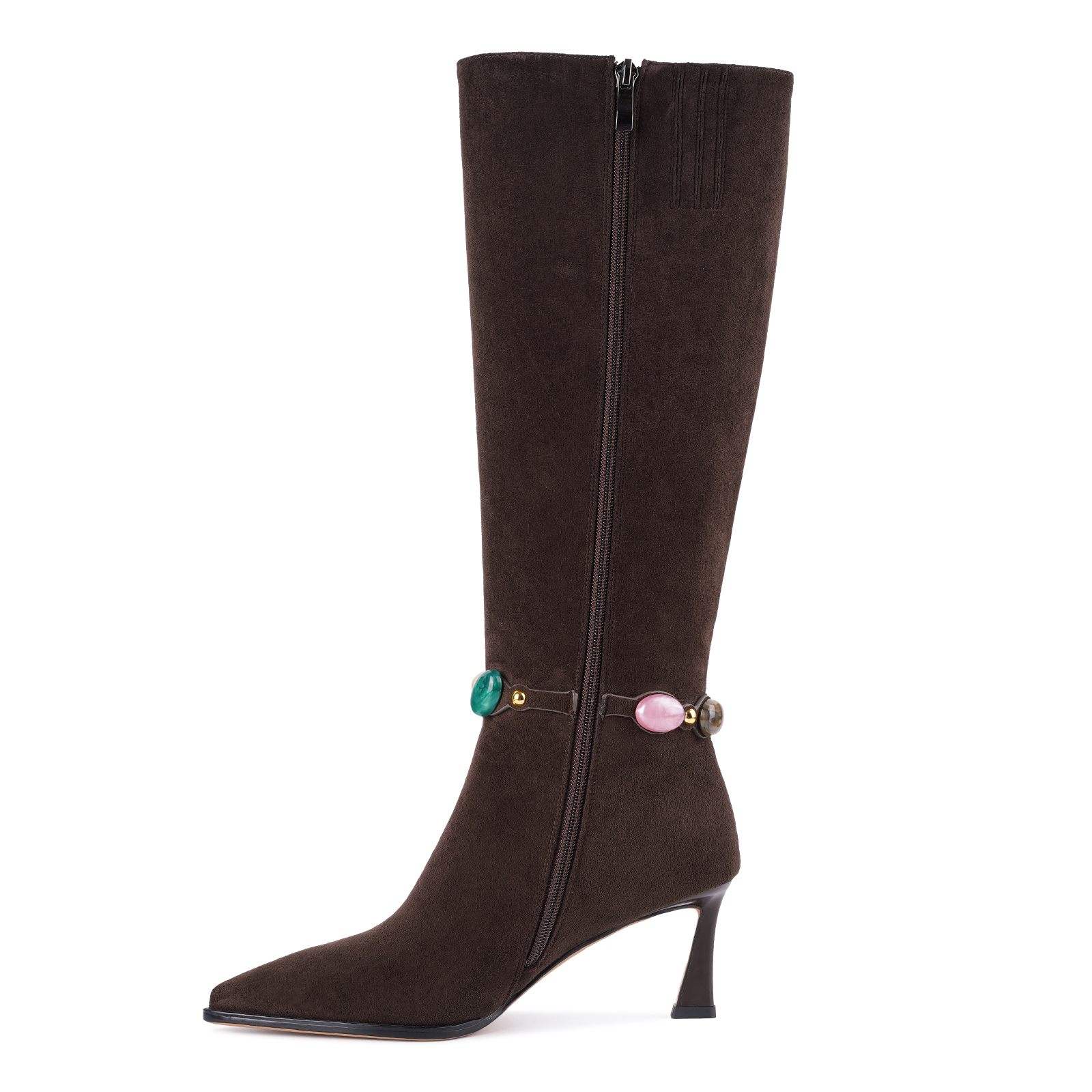 Women's Jeweled Knee High Boots Pointed Toe Kitten Heel 