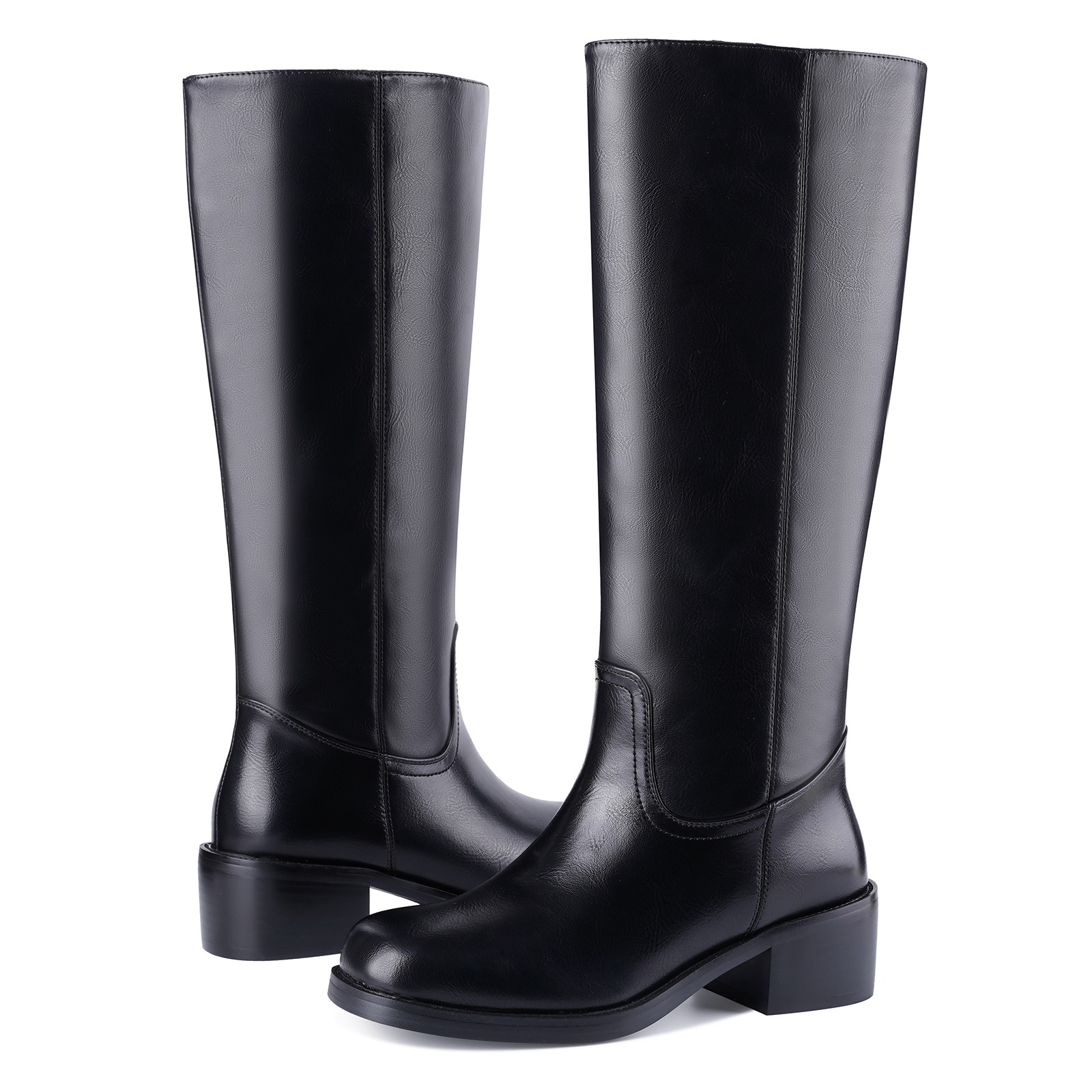 Women's Banana Knee High Boots Square Toe Chunky Low Heel Pull on Ridding Boots