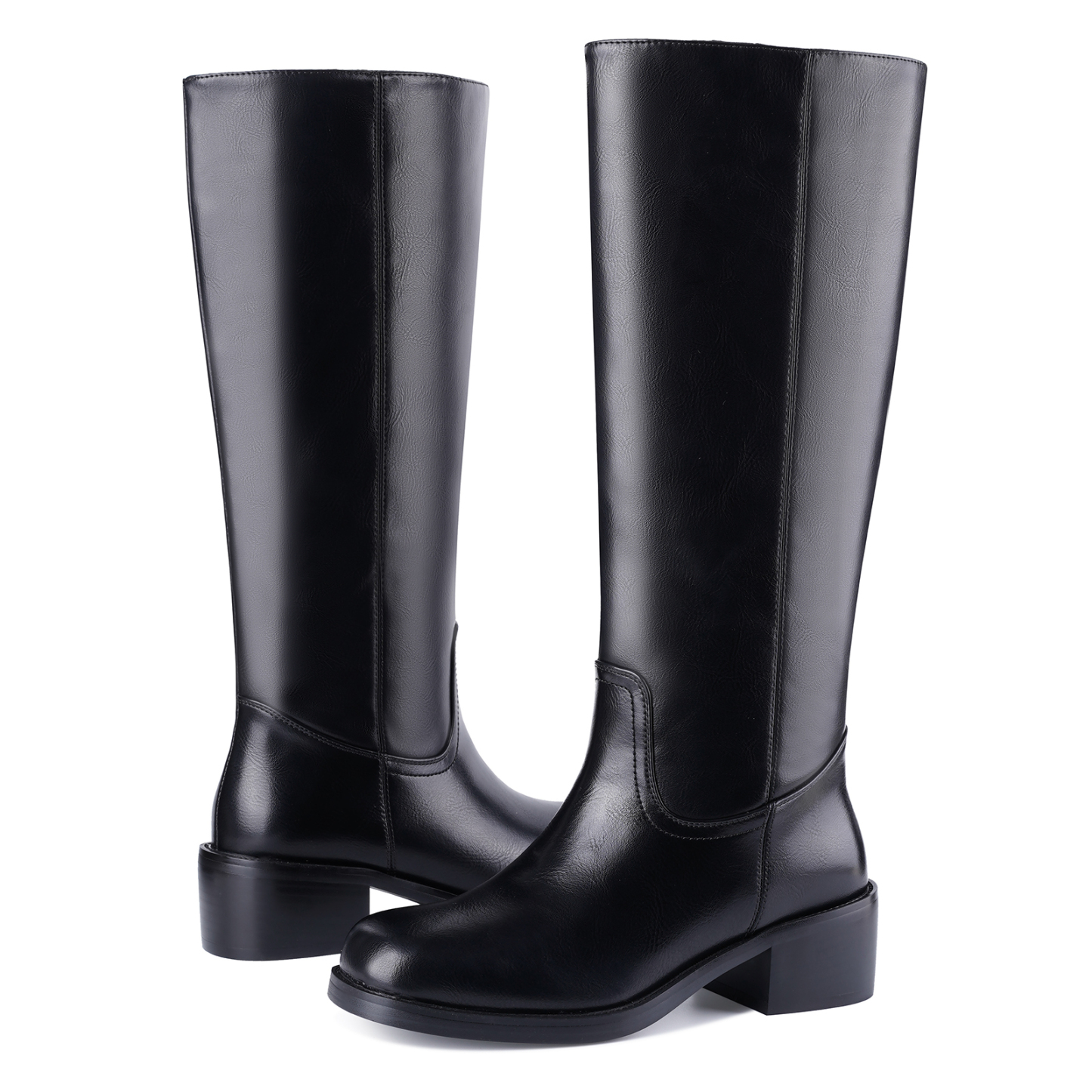 Women's Banana Knee High Boots Square Toe Chunky Low Heel Pull on Ridding Boots