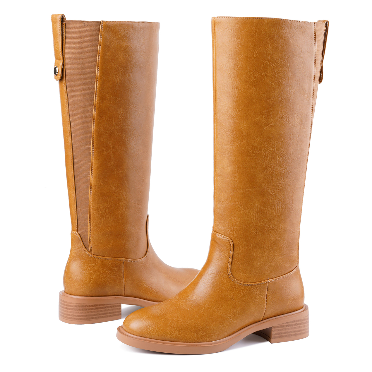 Women's Chunky Heel Knee High Boots Pull Tag Square Toe Tall Boots