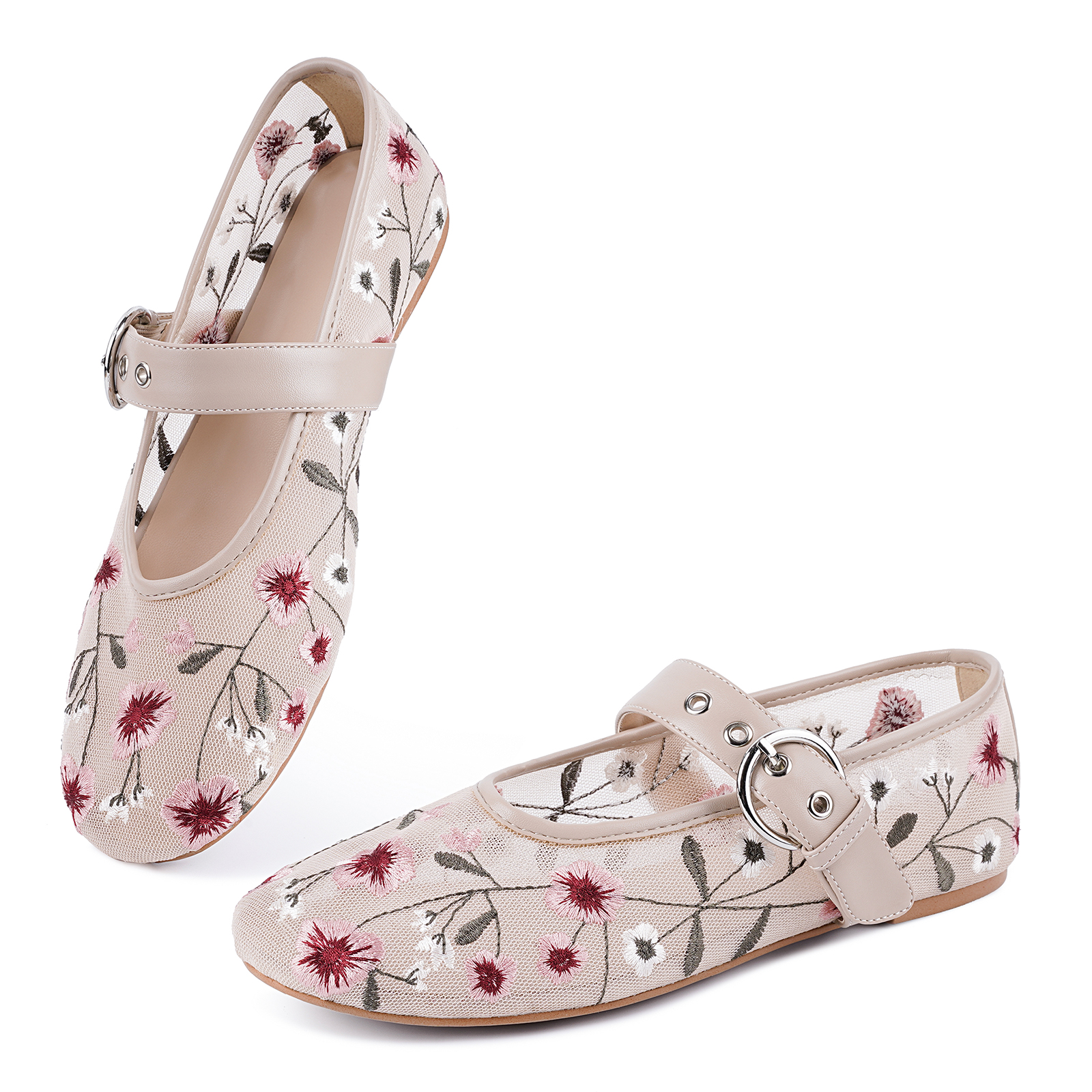 Mesh Ballet Flats for Women Embroidered Floral Round Toe Mary Jane Flats