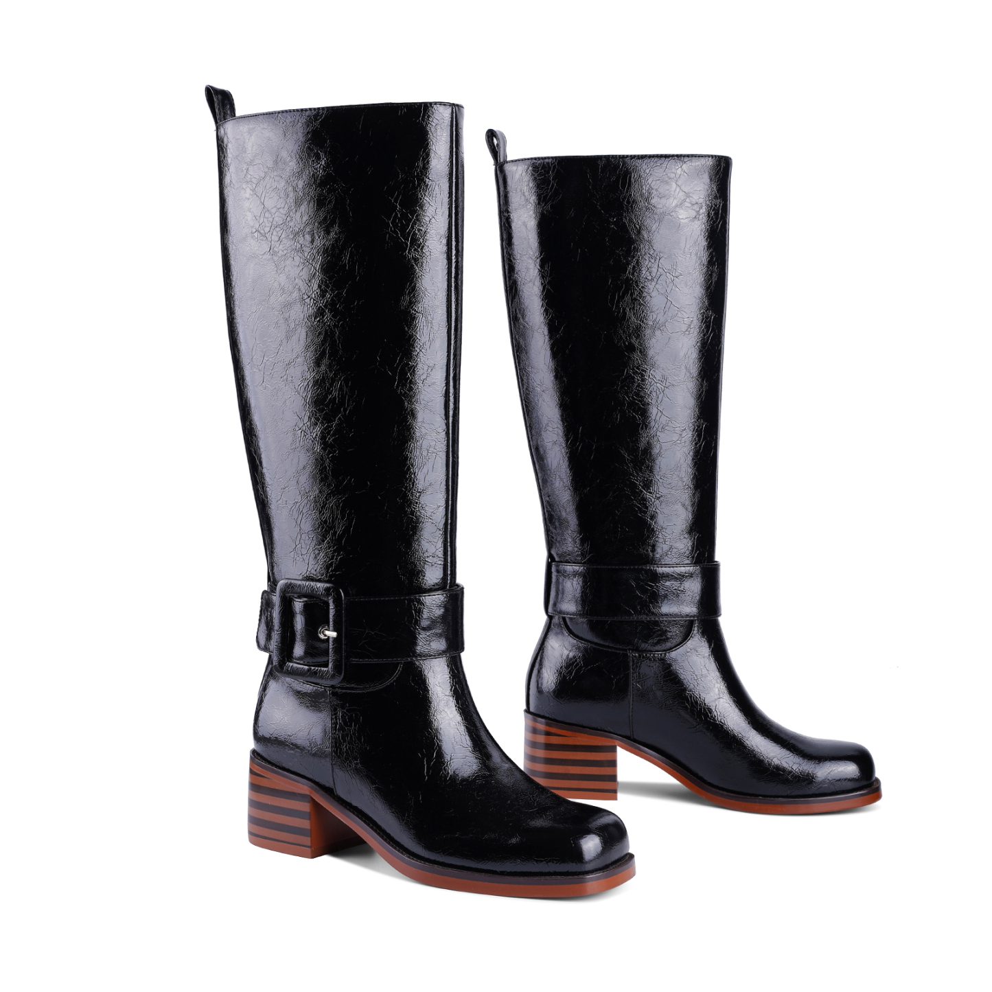 Women's Banana Knee High Boots Square Toe Chunky Low Heel Buckle Pull on Ridding Boots